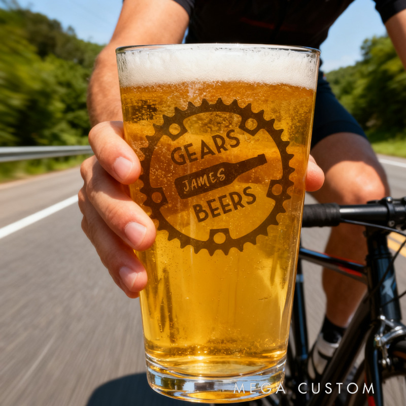 Personalized Beers and Gears Pint Glass Bicycle Glass Bike Glasses Cycle Race Cycling Gifts Men Fathers Day Bike Gifts for Cycling Lovers