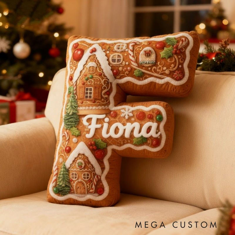 Personalized Initial Pillow Gingerbread House Custom Name Christmas House Pillow Gift for Kids Family Housewarming Gift