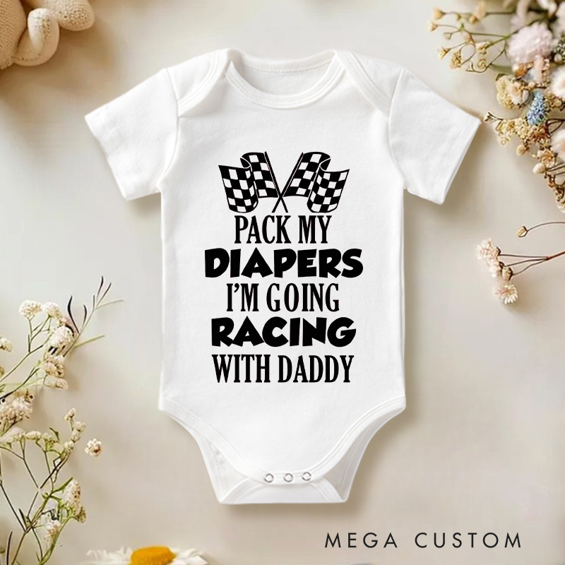 Personalized Pack My Diapers I'm Going Racing with Family Baby Onesie Baby Shower Gift