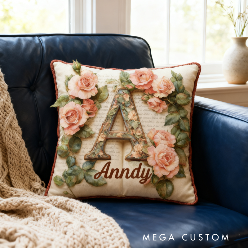 Personalized Rose Garden Book Alphabet Throw Pillow Vintage Floral Book Letter Pillow with Name for Kids Girl Gift for Reading Lover Pillow