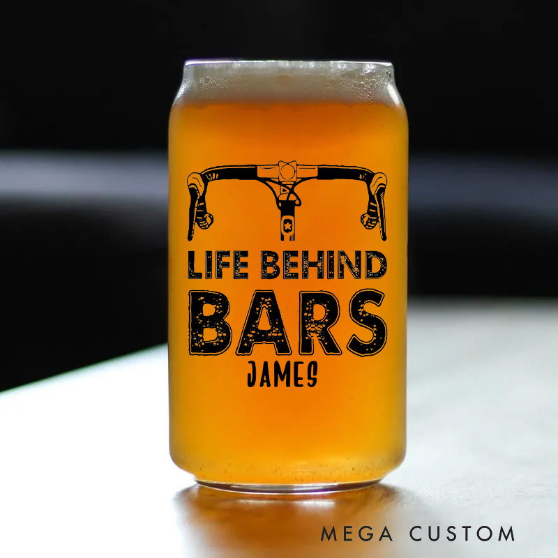 Personalized Life Behind Bars Bike Glass Bicycle Barware Screenprinted Pint Glass Beer Cycling Art Gift for Cyclists Biker Cycling Lovers