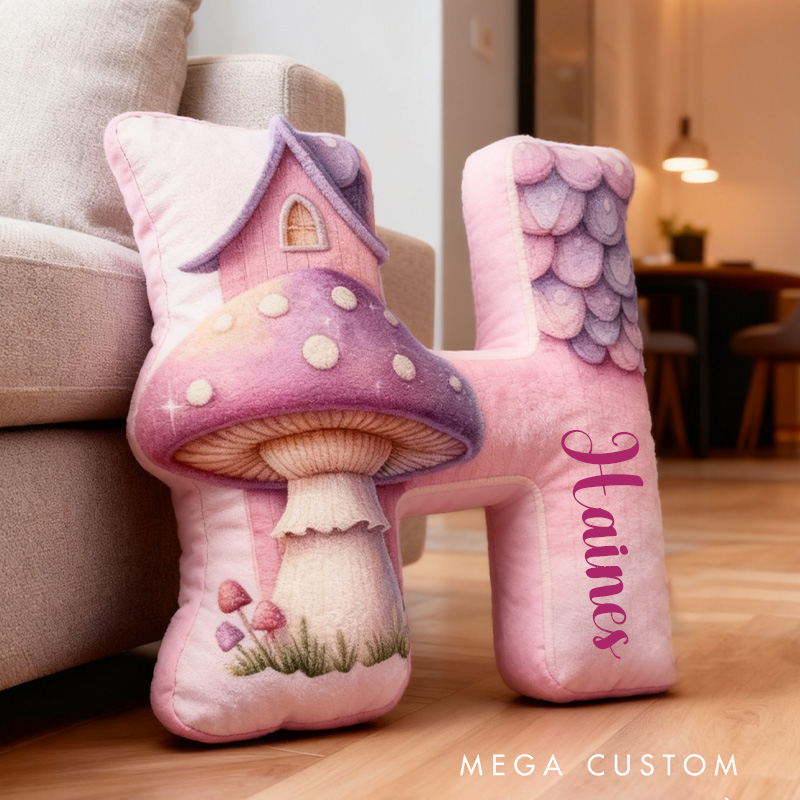 Personalized 26 Letter Housewarming Pillow Graphic 3D Print Custom Name Cozy Home Decor with Enchanting Mushroom House Design Soft Accent Cushion