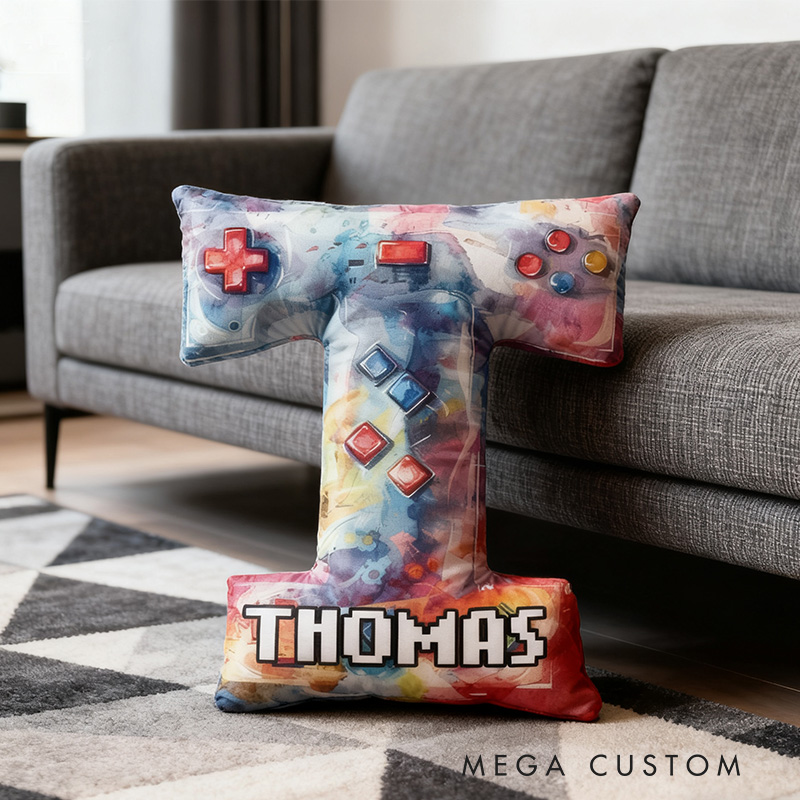 Personalized Graphic 3D Print Ink Controller Alphabet Shaped Pillow for Game Lovers Initial Pillow Christmas Gift for Kids