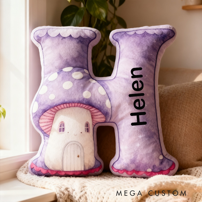 Personalized 26 Letter Pillow Graphic 3D Print Custom Name Cozy Home Decor with Charming Purple Mushroom House Design Housewarming Pillow Gift