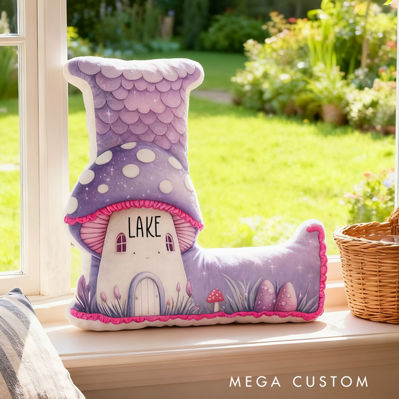 Personalized 26 Letter Pillow Purple Mushroom House Housewarming Pillow Graphic 3D Print Custom Name Cozy Home Decor Soft Accent Cushion