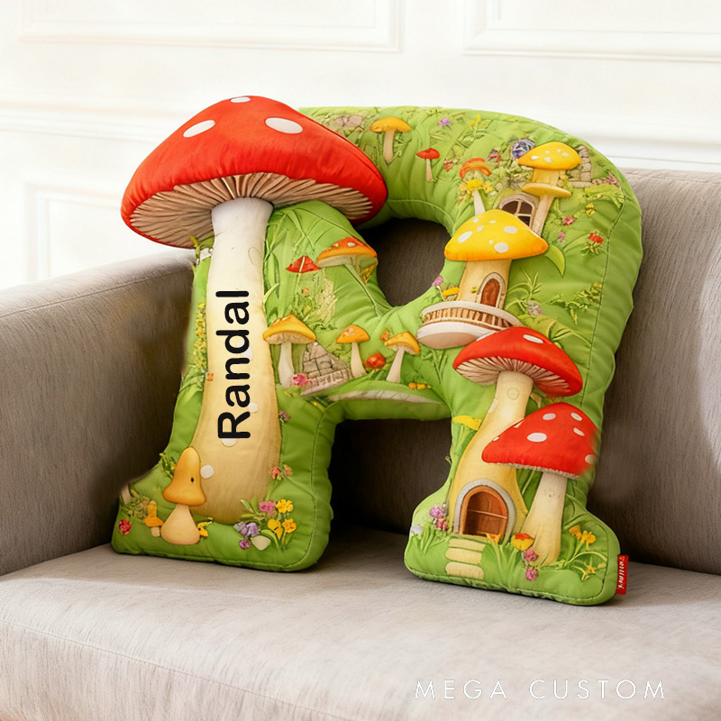Personalized Housewarming Pillow 26 Letter Pillow Graphic 3D Print Custom Name Cozy Home Decor with Whimsical Mushroom Village Design