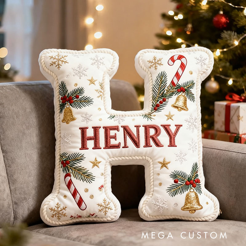Personalized Christmas Letter Pillow Festive Holiday Decor Candy Cane and Bell Graphic 3D Print Cozy Custom Cushion for Living Room Soft Decorative White