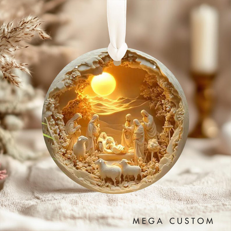Personalized Nativity Scene Ornament with Name Holy Family Christmas Keepsake Gift 3DEffect Flat Ornament Not Glass Globe Religious Gift for Christmas