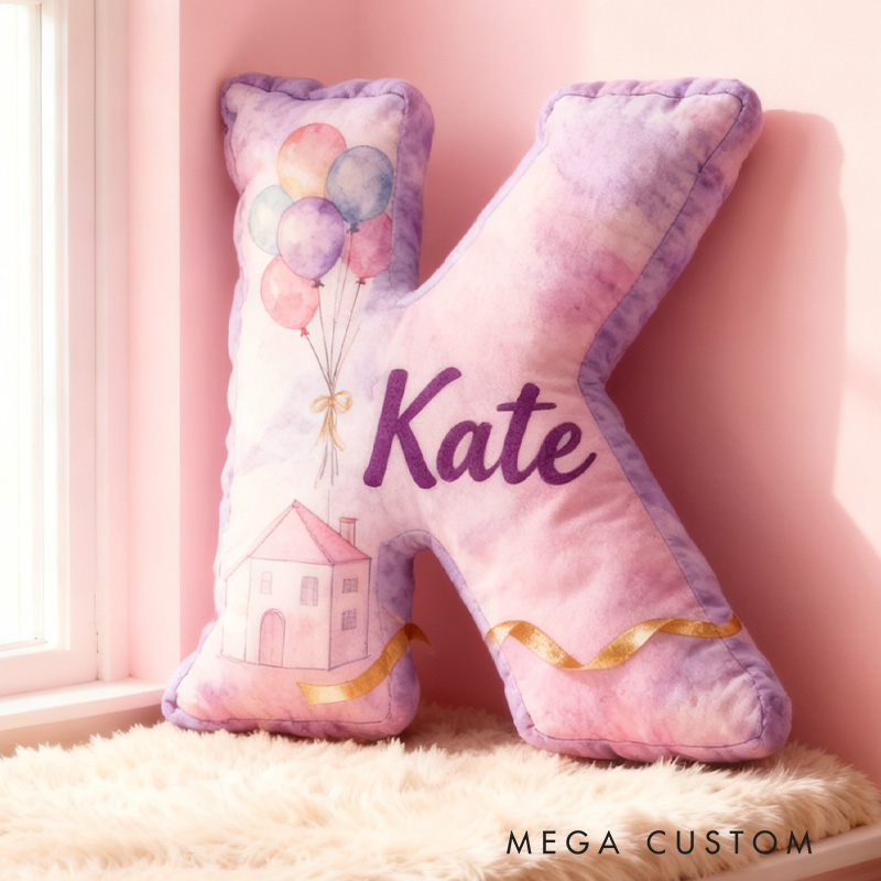Personalized Purple Letter PillowHousewarming Pillow Graphic 3D Print Custom Name Cozy Home Decor with Dreamy Balloon House Design Soft Accent Cushion