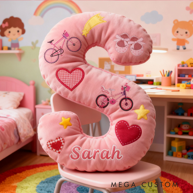 Personalized Cycling Pinky Heart Letter Pillow Graphic 3D Print Bow Letter Pillow Name Pillow Comfortable Travel Cushion for Riders Riding Lovers