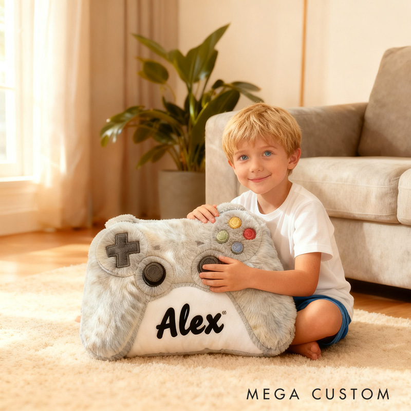 Personalized Graphic 3D Print Grayish White Game Controller Shaped Pillow for Game Lovers Plush Pillow Christmas Gift for Kids