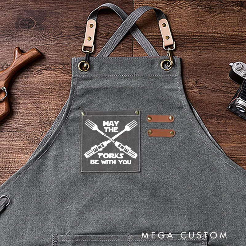 Personalized May The Forks Be With You Canvas Apron Funny Geek Workshop Apron Bartender's Apron  Barbeque Apron Chef Apron for Movie Lovers