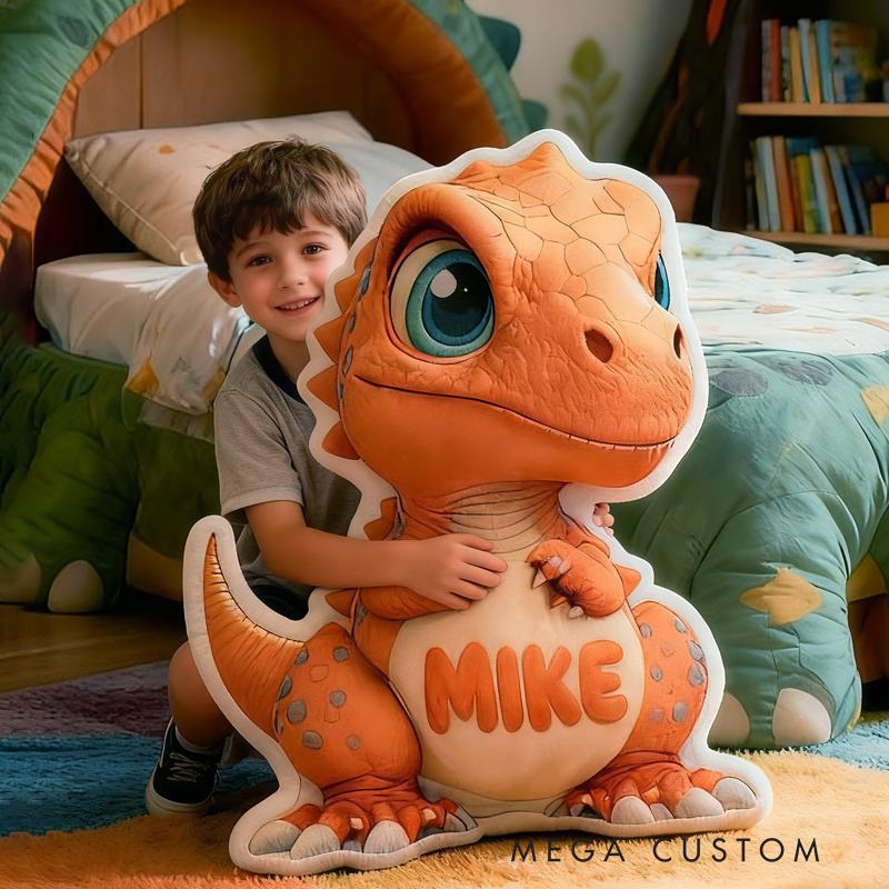 Personalized Cute Orange Dinosaur Initials with Name Graphic 3D Print Pillow Christmas Gift for Kids Birthday Gift