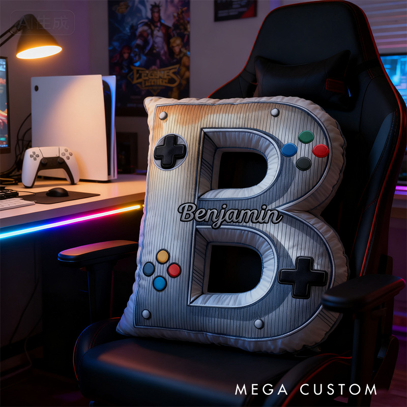 Personalized Graphic 3D Print Metal Controller Alphabet Shaped Pillow for Game Lovers Initial Pillow Christmas Gift for Kids