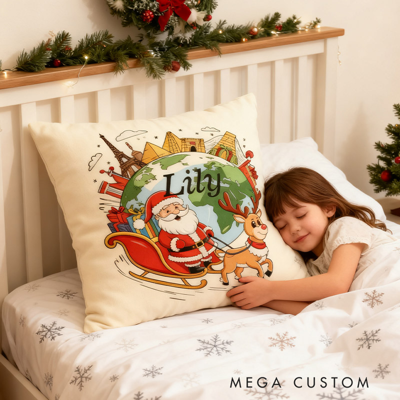 Personalized Santa’s Globe-Trotter Pillow Graphic 3D Print Pillow for Travel Lovers