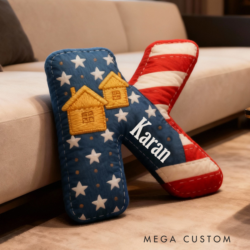 Personalized 26 Letter Pillow Graphic 3D Print Custom Name Cozy Home Decor with Patriotic Stars and Stripes Design Soft Accent Cushion