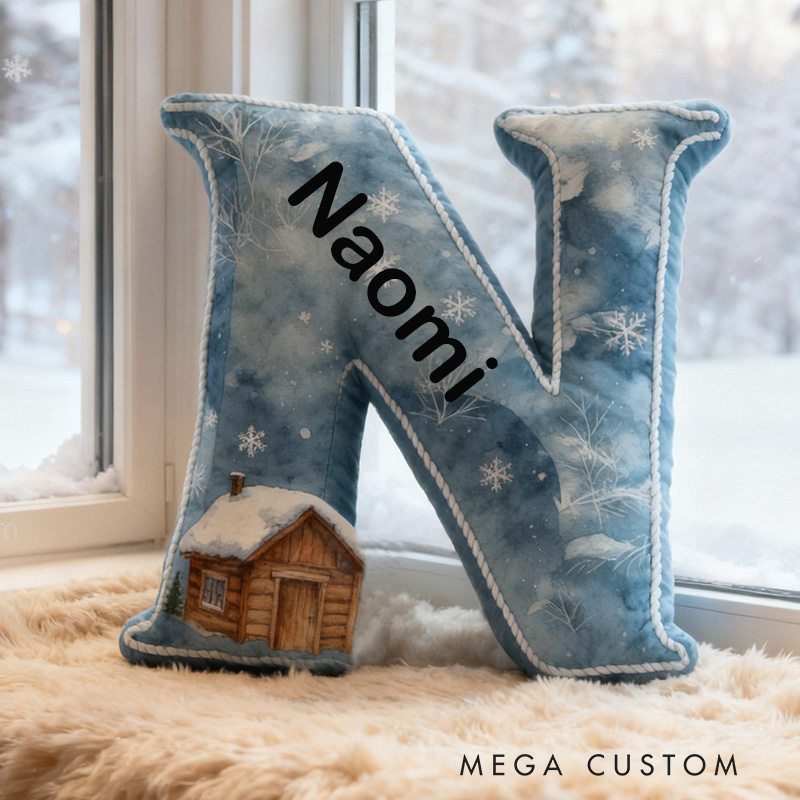 Personalized Letter Pillow Graphic 3D Print Custom Name Cozy Home Decor with Tranquil Winter Cabin Design Soft Accent Cushion Perfect New Home Gift