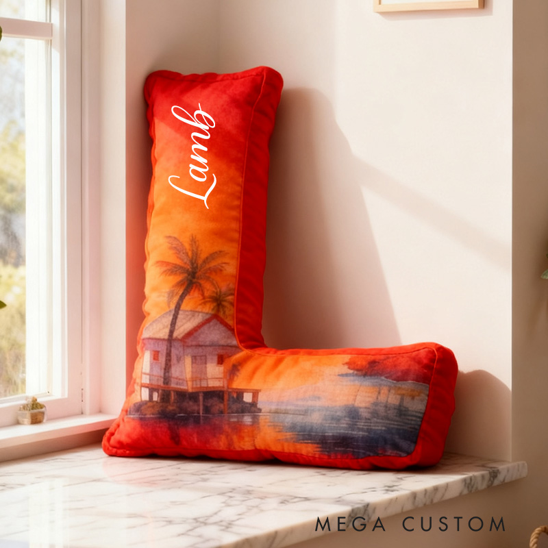 Personalized Letter Pillow Graphic 3D Print Custom Name Cozy Home Decor with Tropical Sunset Beach Design Soft Accent Cushion Housewarming Gift