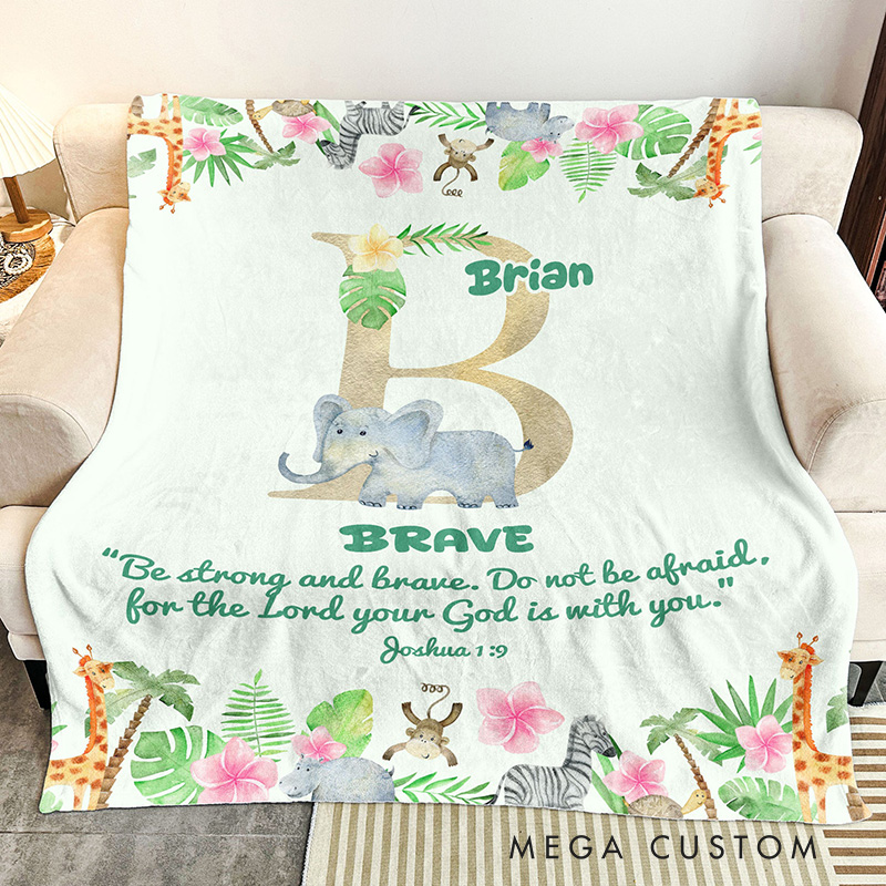 Personalized Initial Name With Bible Verse Safari Animal Soft Throw Blanket for Kids Baptism Birthday Christmas Gift for Kid Religious Christians Gift