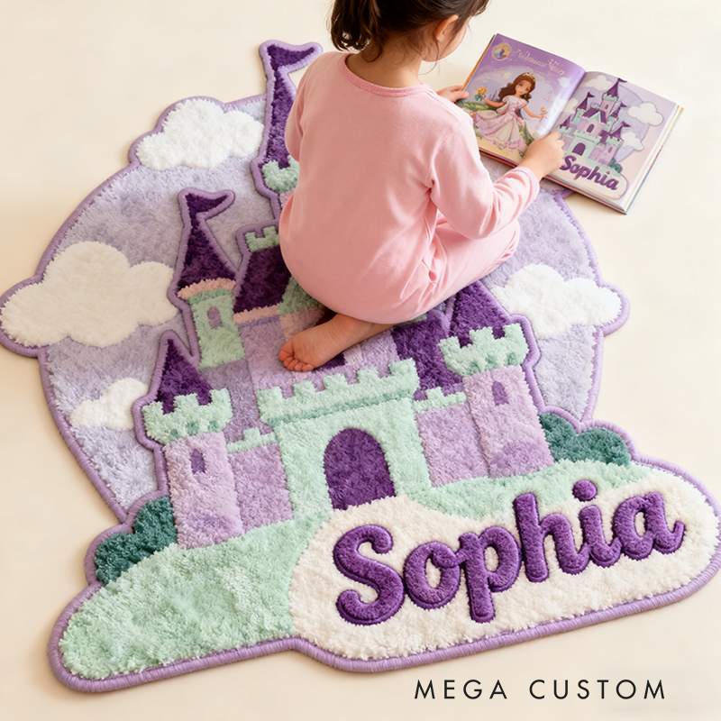 Personalized Fairy Tale Castle Rug Soft Plush Design with Custom Name and Pastel Colors Fairytale Princess Style Gift for Kids