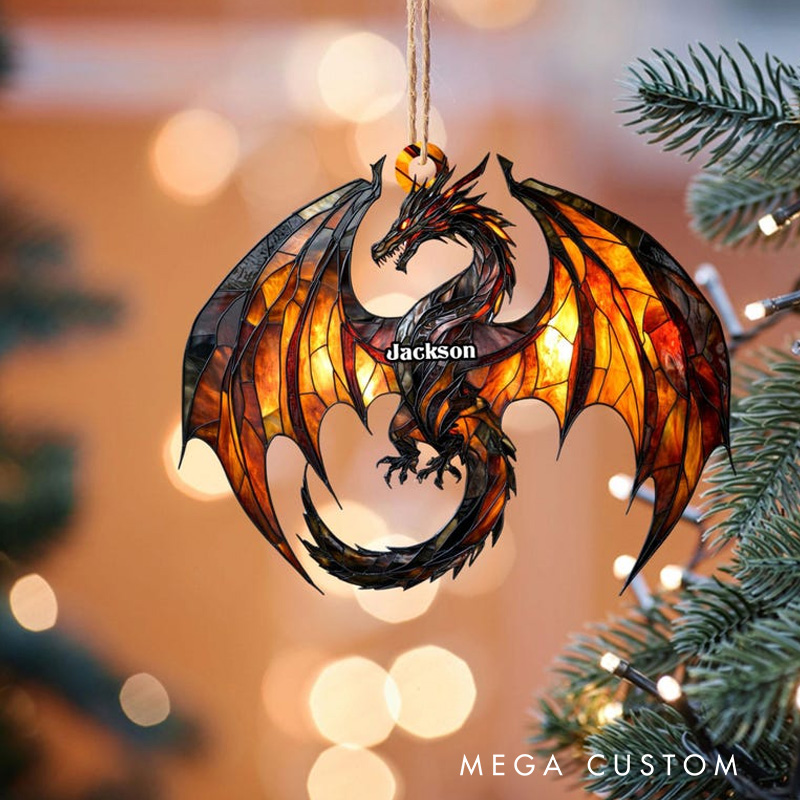 Personalized Dragon Flying 2D Flat Acrylic Christmas Ornament Dragon Xmas Decor with Name Reader Gift for Fantasy Book Lover Bookworms Librarians