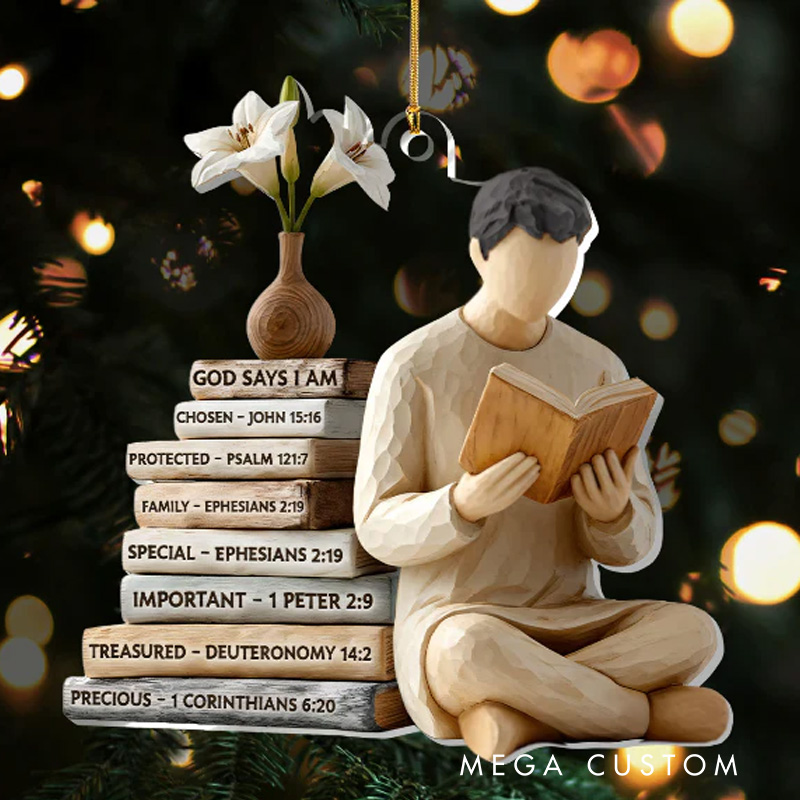 Personalized God Says I am 2D Flat Acrylic Christmas Ornament Reading Girl Xmas Decor with Name Reader Gift for Fantasy Book Lover Bookworms Librarians