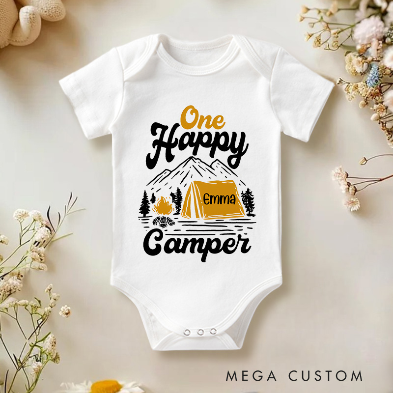 Personalized One Happy Camper Tent and Mountain Baby Onesie