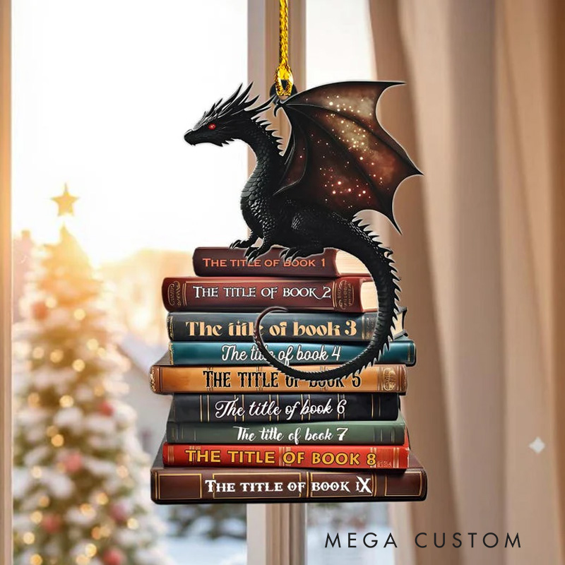 Personalized Fantasy Dragon On Books Christmas Ornament 2D Acrylic with Name Book Stack 2025 Book Ornament Tree Decor Christmas Gift For Readers
