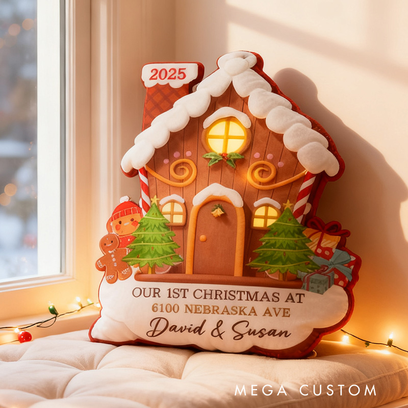 Personalized Holiday Pillow Graphic 3D Print Custom Names and Address Cozy Christmas Decor with Gingerbread House Soft Accent Cushion New Home Gift