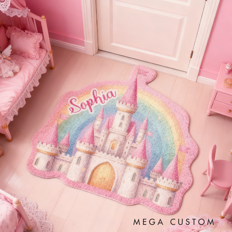 Personalized Pink Rainbow Castle with Name Soft Rug Christmas Gift for Kids Rug Birthday Gifts for Kid