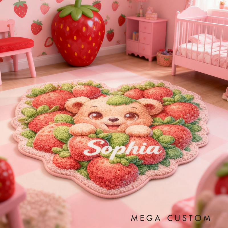 Personalized Strawberry Bear with Name Soft Rug Christmas Gift for Kids Rug Birthday Gifts for Kid