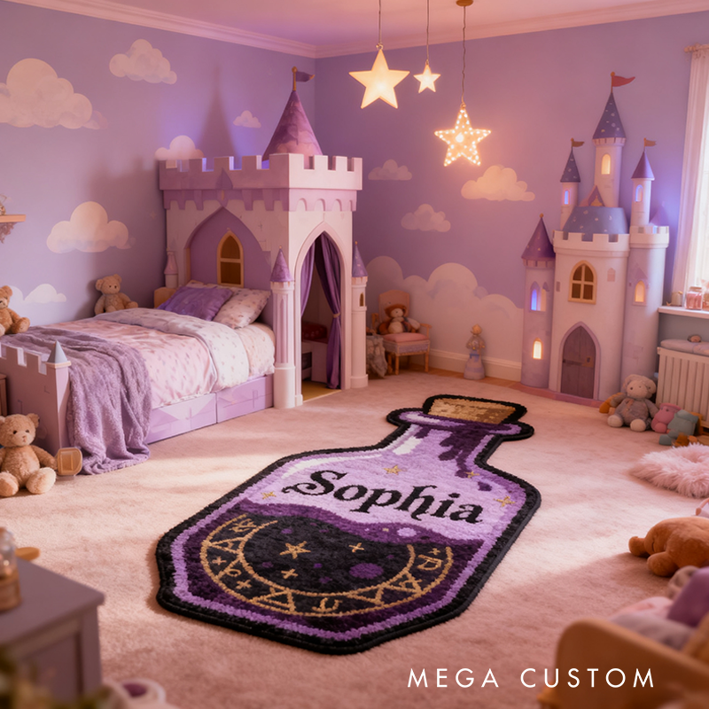 Personalized Magic Potion Bottle Rug Soft Plush Design with Mystical Purple Tones Celestial Symbols Custom Name and Witchy AestheticStyle Gift for Kids