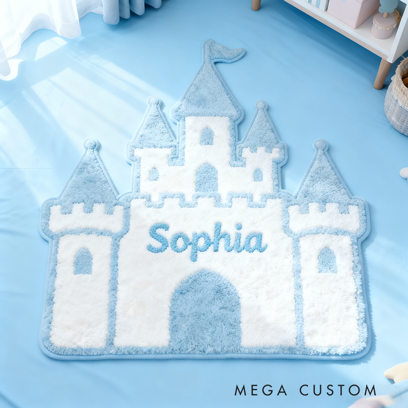 Personalized Blue Castle Rug Soft Plush Design with Fairytale Inspired Castle Custom Name Pastel Colors and Cozy Texture for Kids