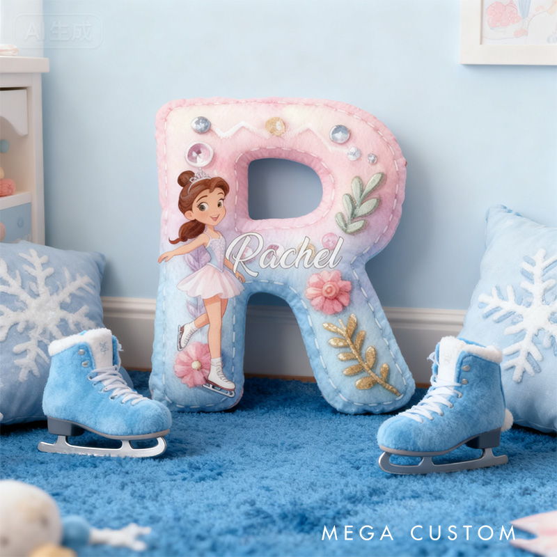 Personalized Graphic 3D Print Cartoon Ice Skating Girl Alphabet Shaped Pillow for Ice Skate Lovers Initial Pillow Christmas Gift for Kids