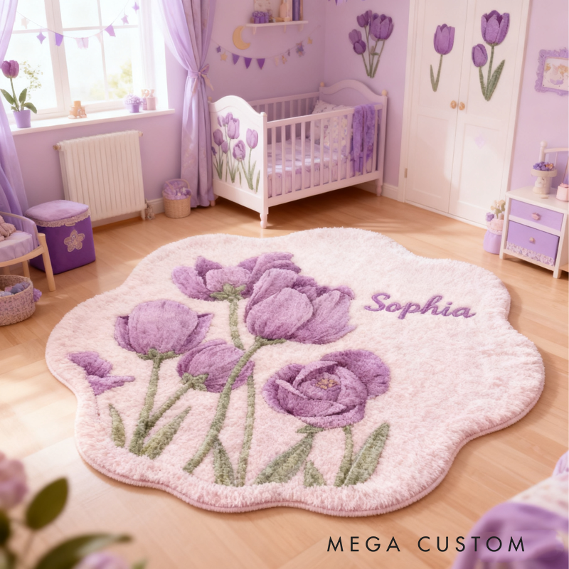 Personalized Purple Tulips with Name Soft Rug Christmas Gift for Kids Rug Birthday Gifts for Kid