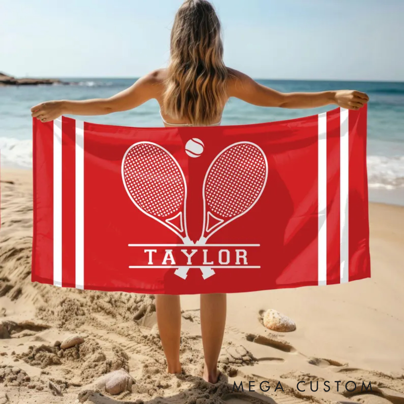 Personalized Tennis Beach Towel with Custom Name Double Rackets Design and Bold Stripe Accents