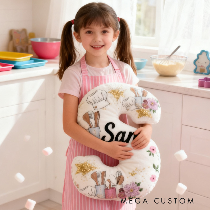 Personalized Baking Tool Alphabet Throw Pillow Chef Hat Letter Pillow with Name for Kids Girl Boy Baking Lover Christmas Gifts Loving Room Decor