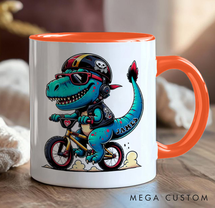 Personalized Bicycle Mug Dino Rider Bike Kids Mug Race Bike Mug Bicycle Mug Bicycle Coffee Cup Bicycle Tea Cup for Cyclistsfor Biker Cycling Riding Lovers