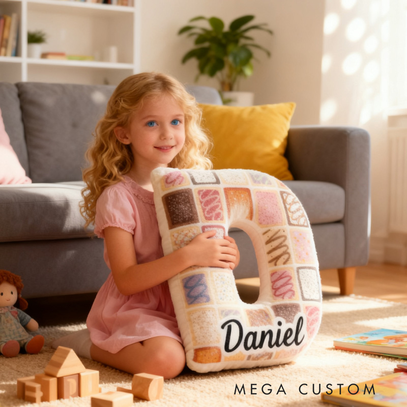 Personalized Cookie Alphabet Throw Pillow Cake Patchwork Letter Pillow with Name for Kids Girl Boy Baker Christmas Gifts Loving Room Decor