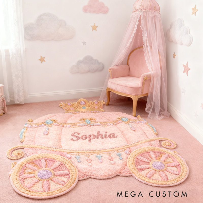 Personalized Princess Carriage Christmas Rug Soft Pink Theme Customizable with a Name Fairytale Style Suitable for Children's Rooms
