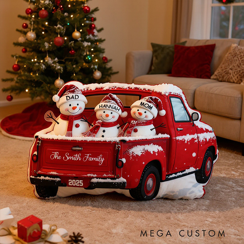 Personalized Holiday Pillow Graphic 3D Print Custom Family Names Cozy Christmas Decor with Festive Truck and Snowman Design Soft Accent Cushion