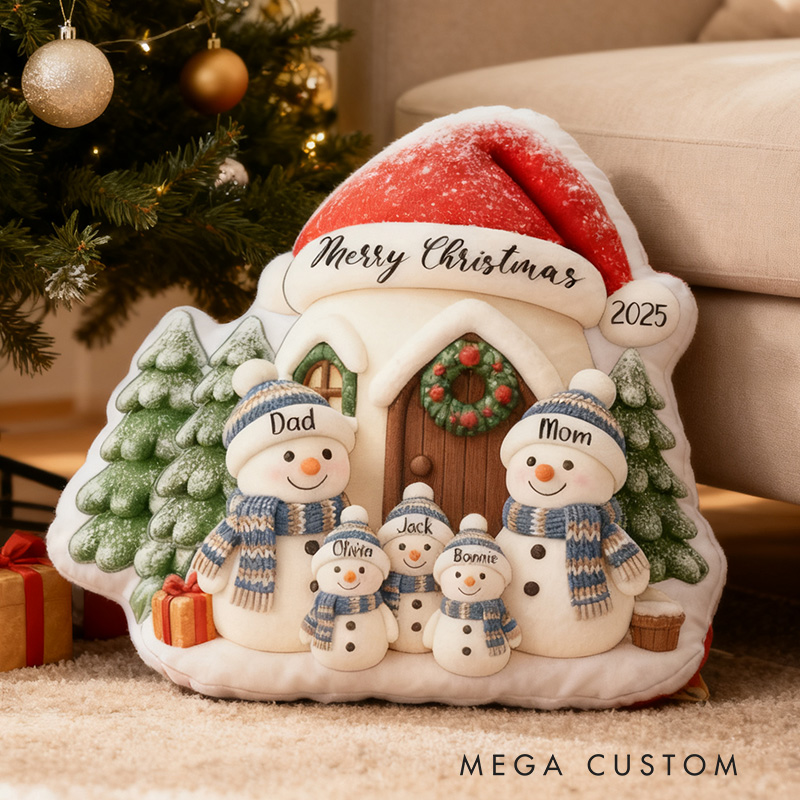 Personalized Christmas Pillow Graphic 3D Print Custom Family Names Cozy Holiday Decor with Snowman Family and Festive House Soft Accent Cushion Gift