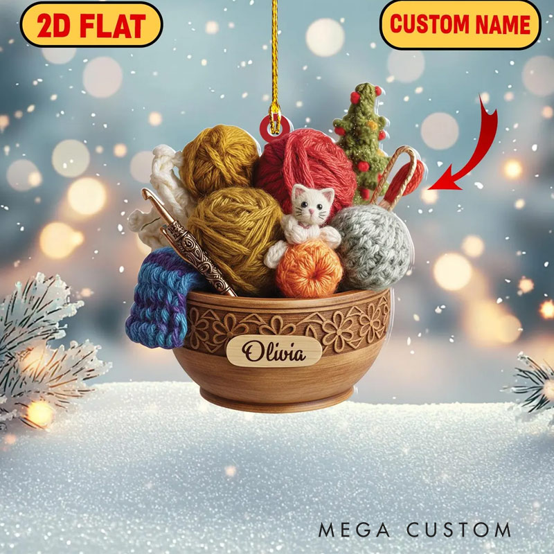 Personalized Crochet Ornament Yarn Bowl Christmas Ornament Acrylic Holiday Decor for Crochet Lover