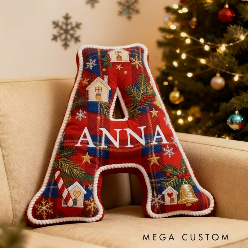 Personalized Christmas Initial Pillow Graphic 3D Print Custom Name Pillow Festive Holiday Decor Cozy Home Accent Soft Cushion Gift for Family 