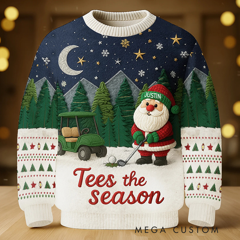 Personalized "Tees the Season" Golf Christmas Sweatshirt with Santa and Custom Name for Golf Enthusiasts