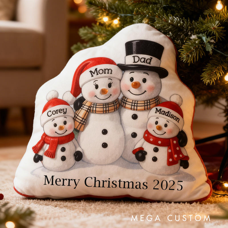 Personalized Family Pillow Graphic 3D Print Custom Names Cozy Holiday Decor with Snowman Family Design Soft Accent Cushion Perfect Gift