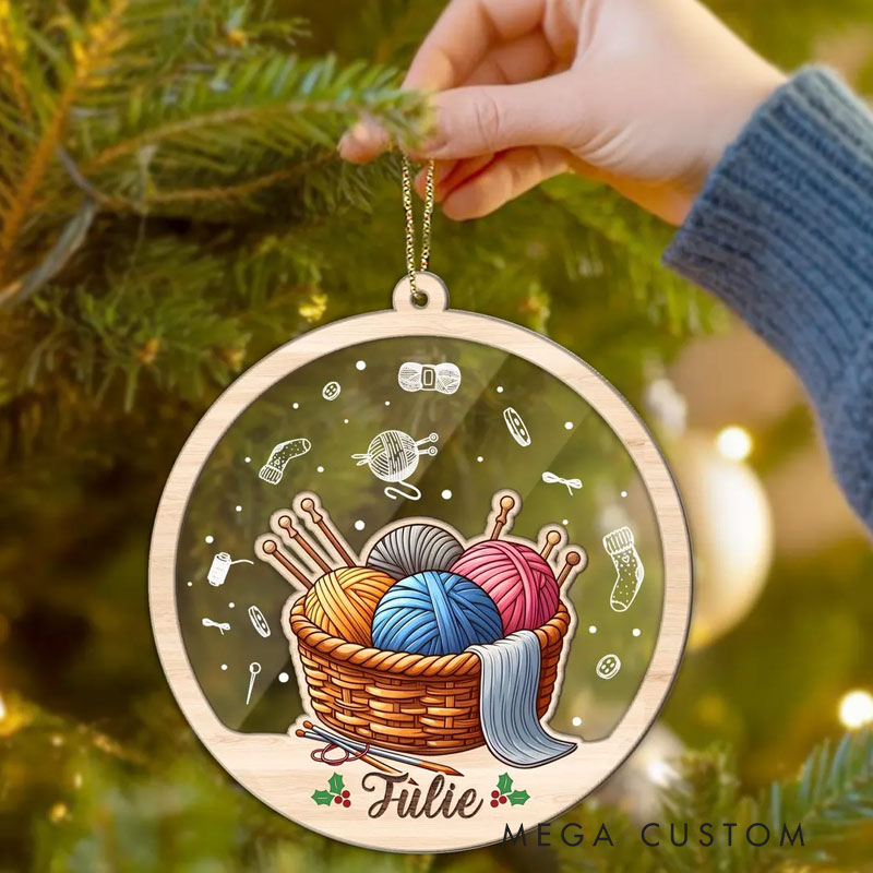 Personalized Knitting Ornament 2025 Custom Name Yarn Basket Christmas Tree Decoration for Crochet Lover