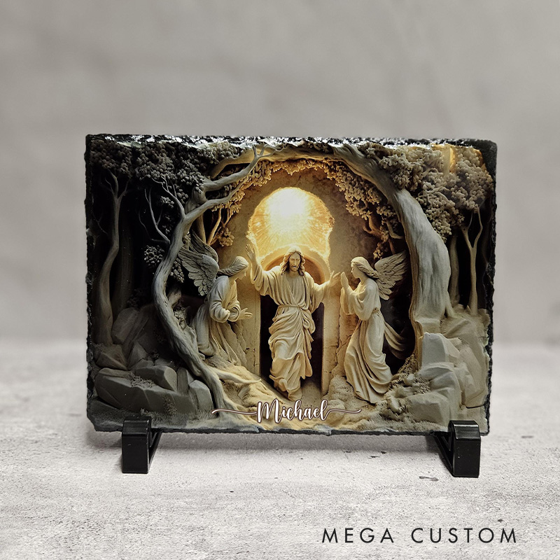 Personalized Jesus Rising Tomb Slate Plaque with Custom Name Easter Decor with Angels Christian Holiday Garden Stone Easter Gift