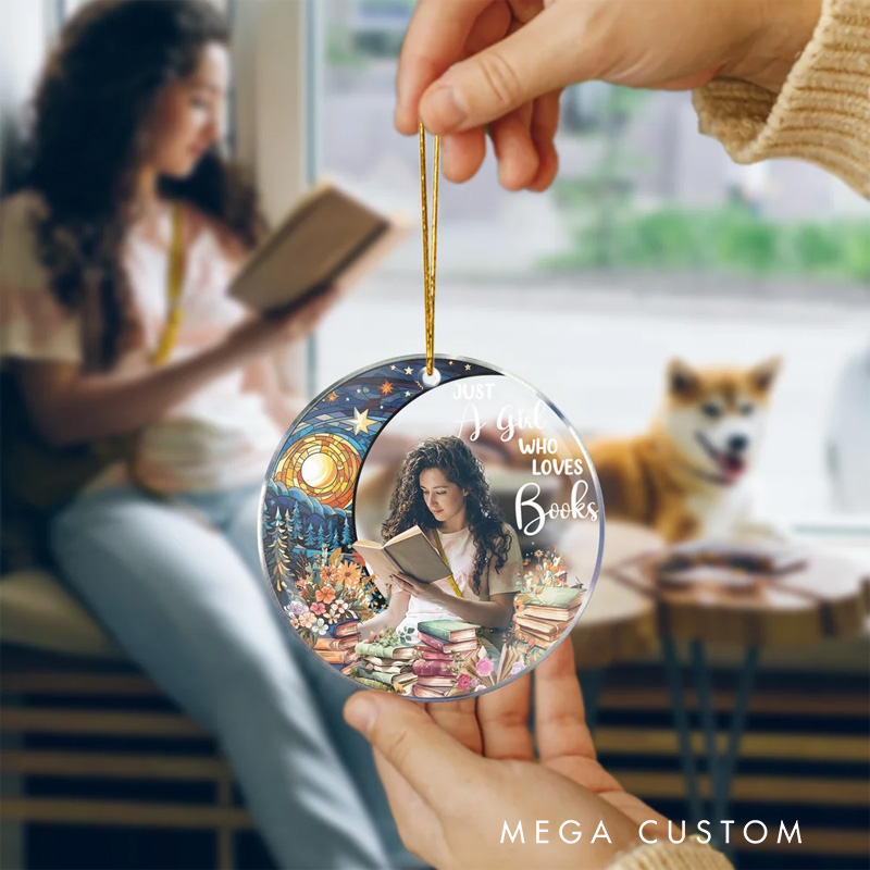 Personalized Just a Girl Who Loves Books Acrylic Ornament with Photo Moon Flower Christmas Gift for Daughter Book Lovers Reader