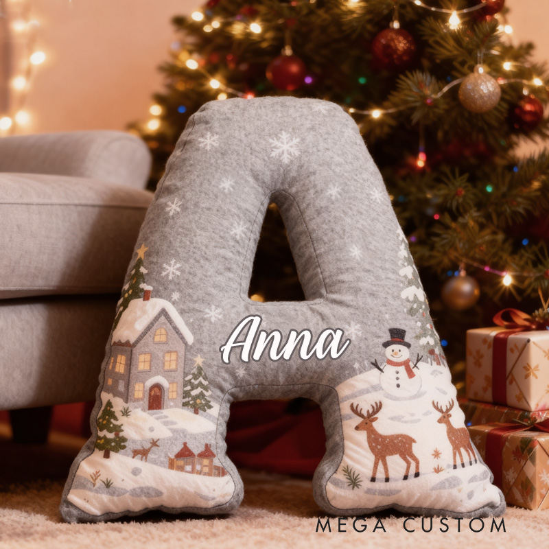 Personalized Christmas Gray Letter Pillow Graphic 3D Print Custom Name Cozy Holiday Decor with Winter Scene Snowman and Deer Design Soft Christmas Gift